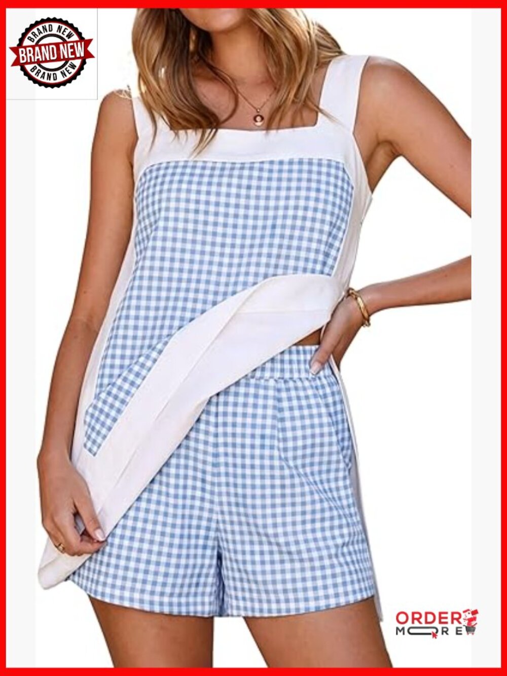 Women's Gingham Two Piece Outfit Sleeveless Square Neck Top Matching Elastic